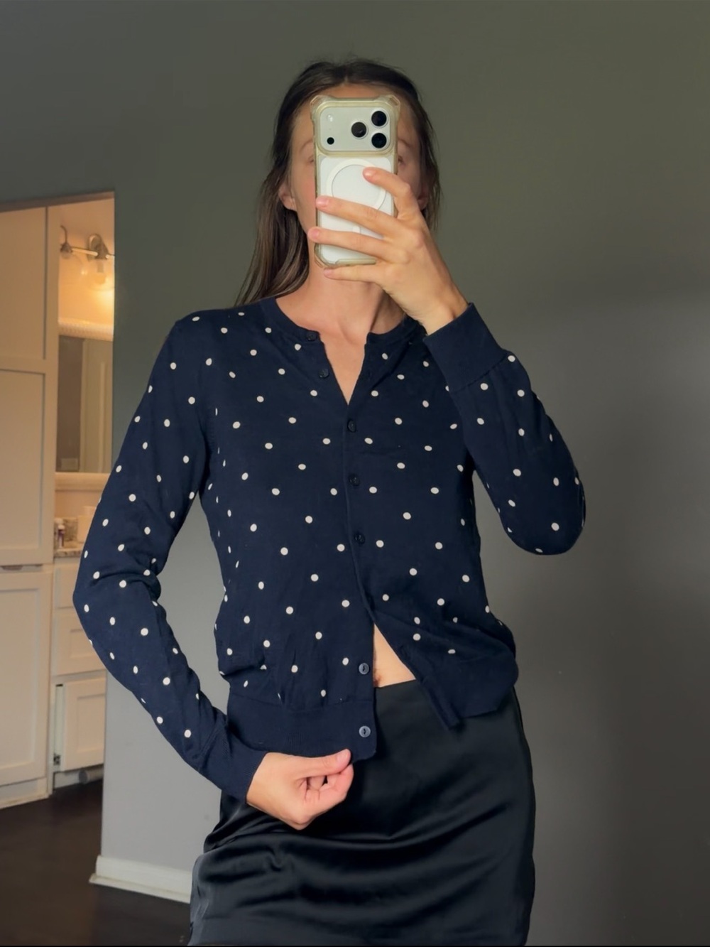 UNIQLO Navy Polka Dot Crewneck Cardigan - Women's